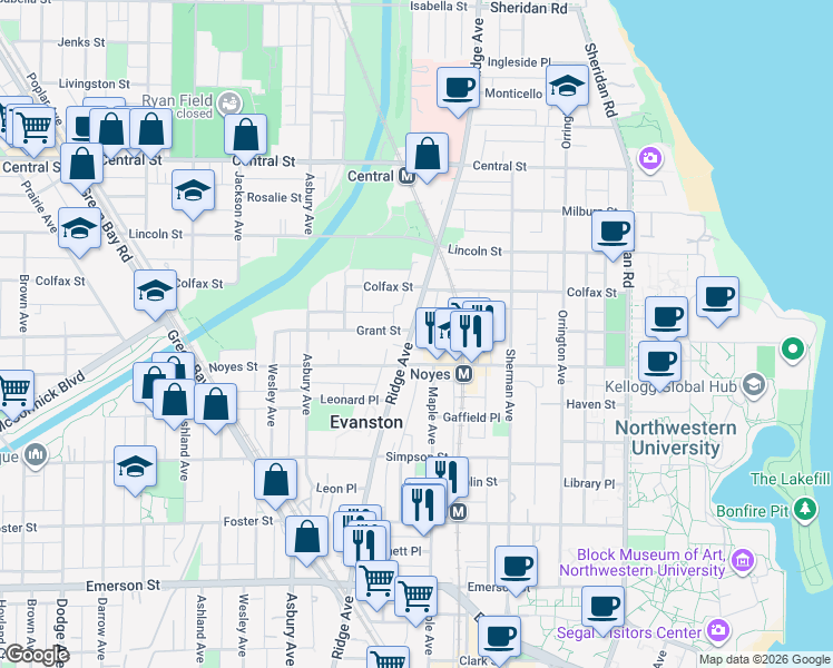 map of restaurants, bars, coffee shops, grocery stores, and more near 2257 Ridge Avenue in Evanston