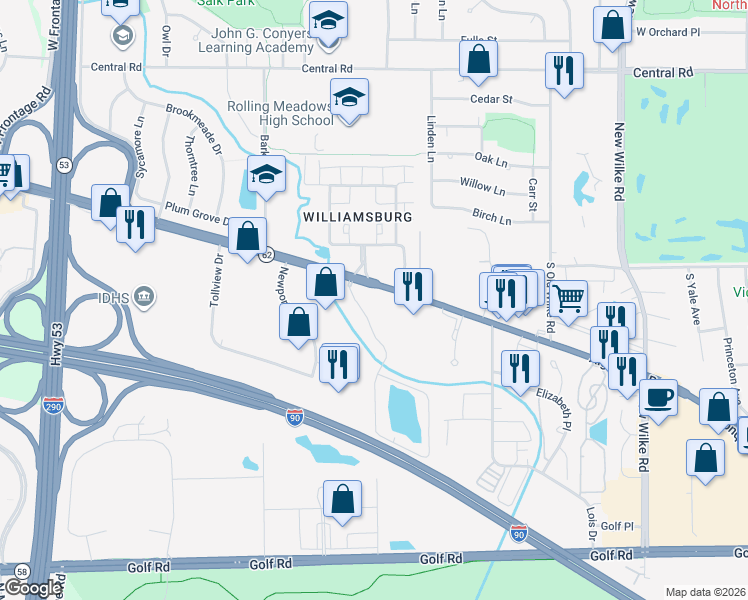 map of restaurants, bars, coffee shops, grocery stores, and more near 5000 Carriageway Drive in Rolling Meadows