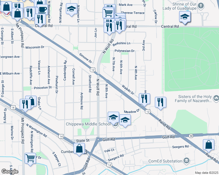 map of restaurants, bars, coffee shops, grocery stores, and more near 395 North 8th Avenue in Des Plaines