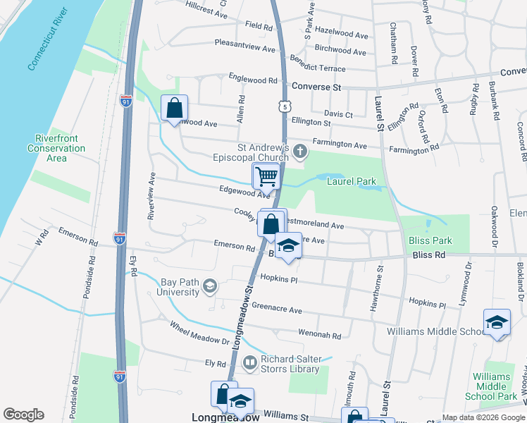 map of restaurants, bars, coffee shops, grocery stores, and more near 422 Longmeadow Street in Longmeadow
