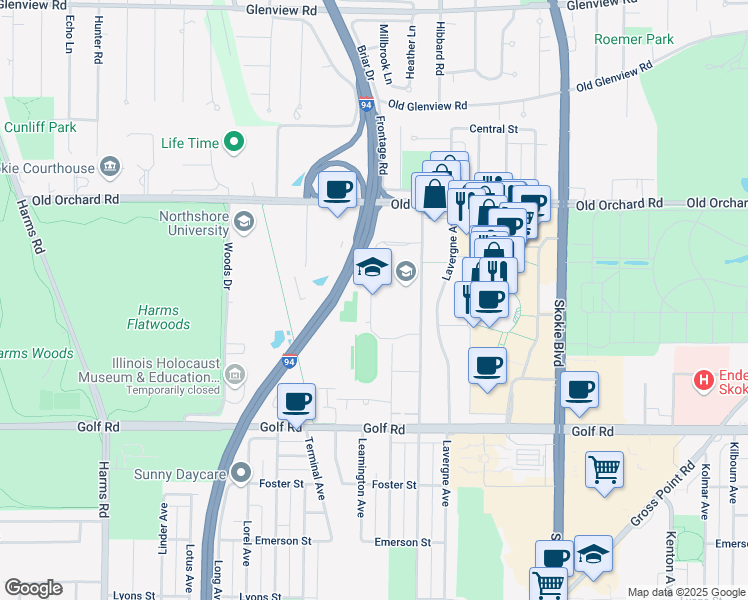 map of restaurants, bars, coffee shops, grocery stores, and more near 9800 Lawler Avenue in Skokie