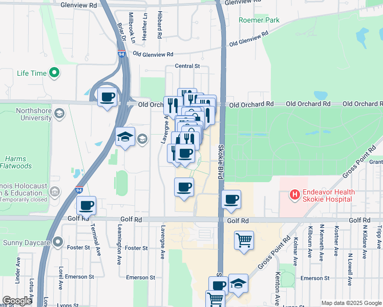map of restaurants, bars, coffee shops, grocery stores, and more near 4999 Old Orchard Shop Center East Ring Road in Skokie