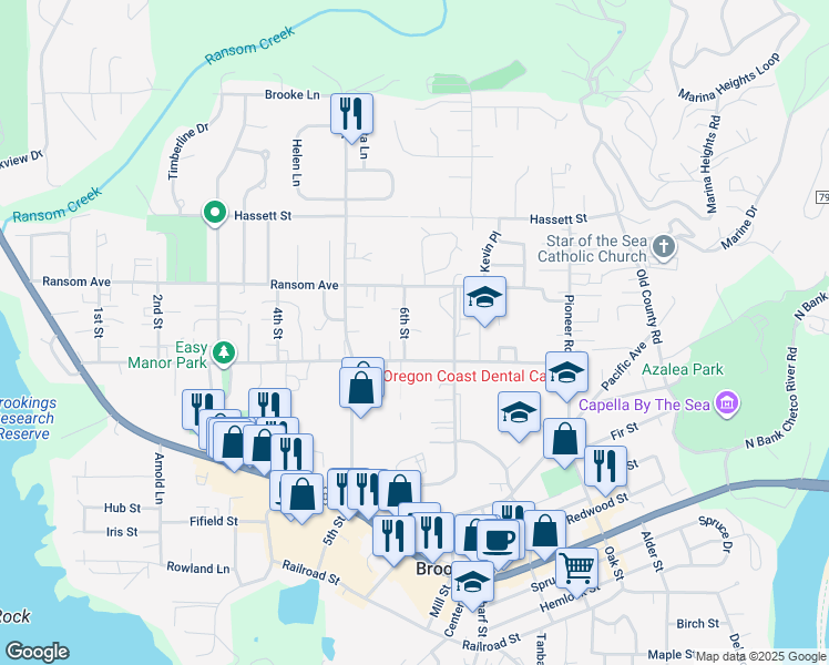 map of restaurants, bars, coffee shops, grocery stores, and more near 726 6th Street in Brookings