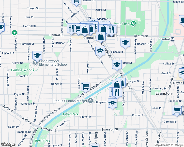 map of restaurants, bars, coffee shops, grocery stores, and more near 1907A Grant Street in Evanston