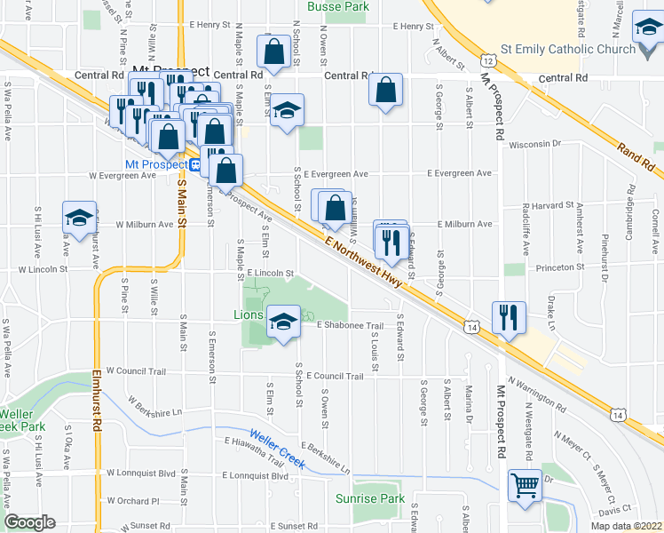 map of restaurants, bars, coffee shops, grocery stores, and more near 415 East Prospect Avenue in Mount Prospect