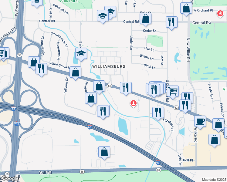 map of restaurants, bars, coffee shops, grocery stores, and more near 4955 Kimball Hill Drive in Rolling Meadows