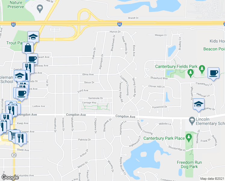 map of restaurants, bars, coffee shops, grocery stores, and more near Blackhawk Dr & Ford Ave in Elgin