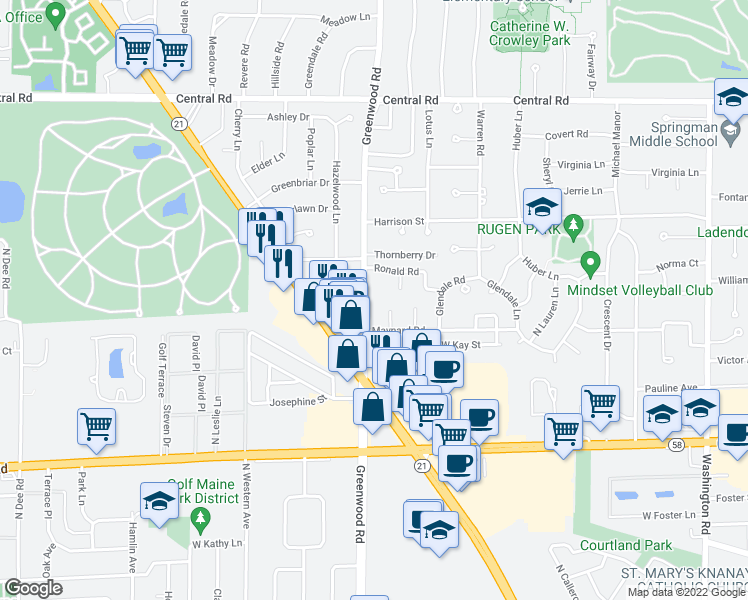 map of restaurants, bars, coffee shops, grocery stores, and more near 227 Greenwood Road in Glenview