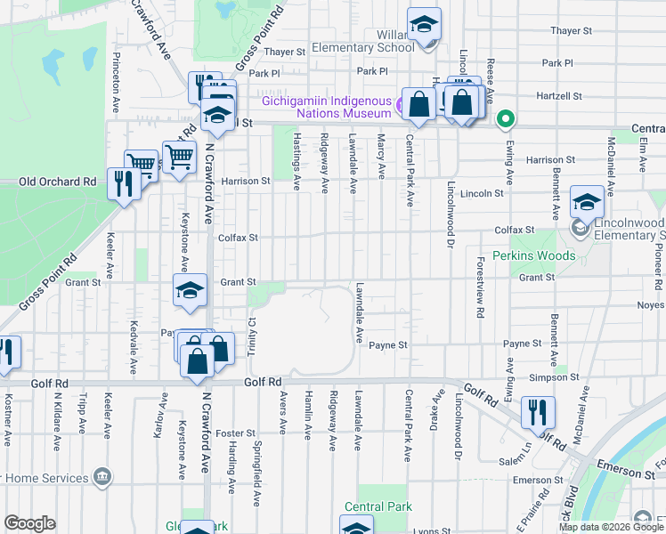 map of restaurants, bars, coffee shops, grocery stores, and more near 2329 Ridgeway Avenue in Evanston