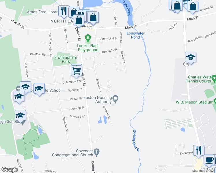 map of restaurants, bars, coffee shops, grocery stores, and more near 26 Elise Circle in Easton