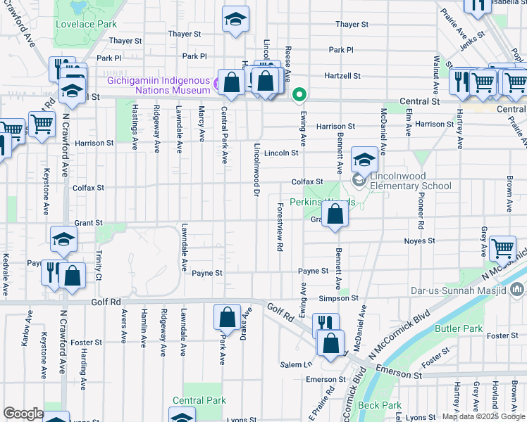 map of restaurants, bars, coffee shops, grocery stores, and more near 2329 Lincolnwood Drive in Evanston