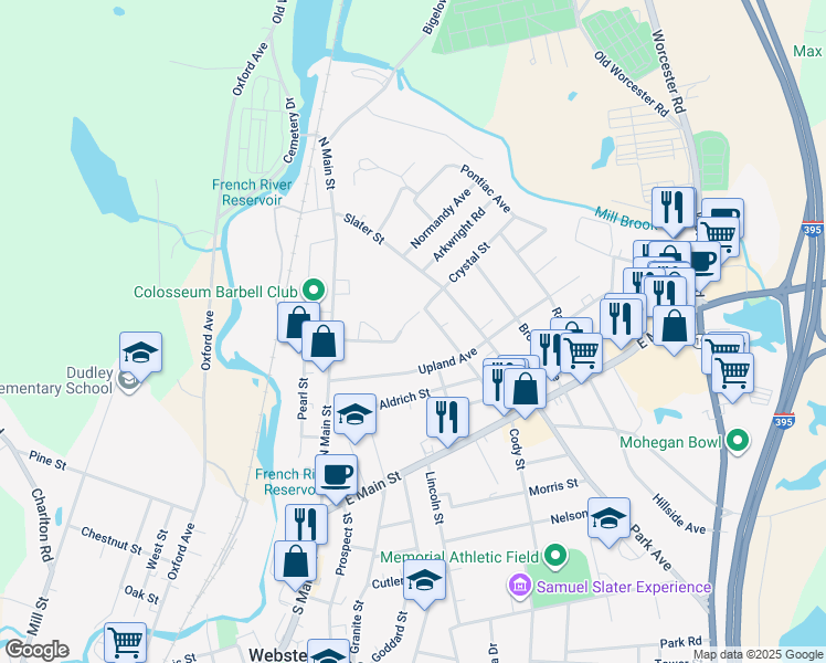 map of restaurants, bars, coffee shops, grocery stores, and more near 8 Village Way in Webster