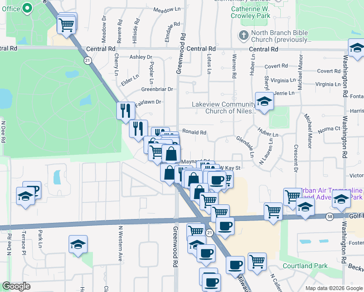 map of restaurants, bars, coffee shops, grocery stores, and more near 227 Greenwood Road in Glenview