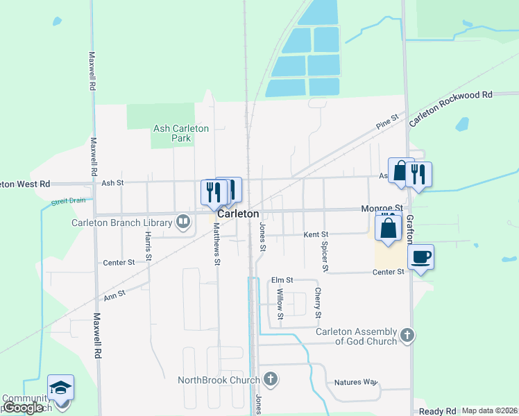 map of restaurants, bars, coffee shops, grocery stores, and more near 12751 Jones Street in Carleton