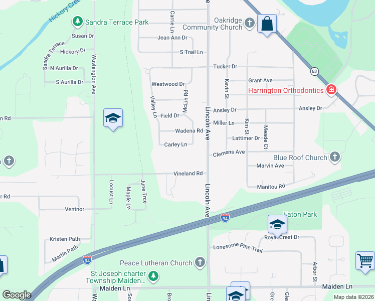 map of restaurants, bars, coffee shops, grocery stores, and more near 3181 McLin Road in St. Joseph