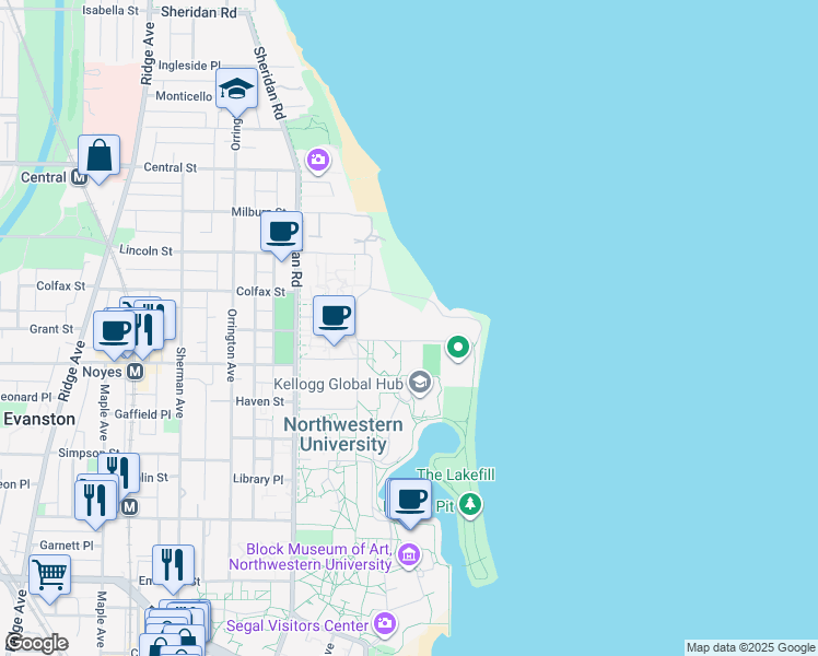 map of restaurants, bars, coffee shops, grocery stores, and more near 2311 Campus Drive in Evanston