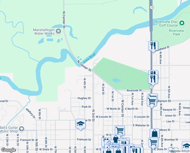 map of restaurants, bars, coffee shops, grocery stores, and more near 800-898 N Center St in Marshalltown