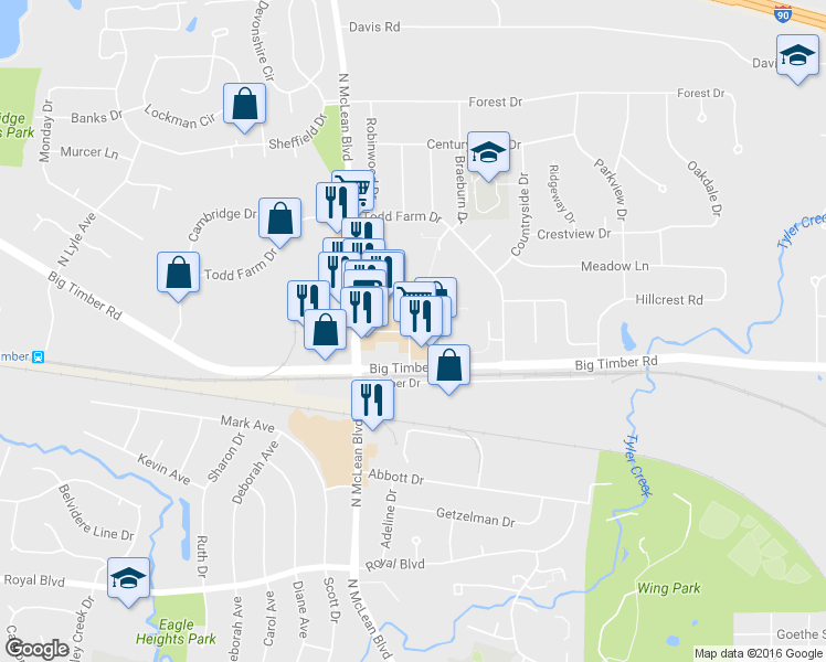 map of restaurants, bars, coffee shops, grocery stores, and more near 1099 Byron Drive in Elgin