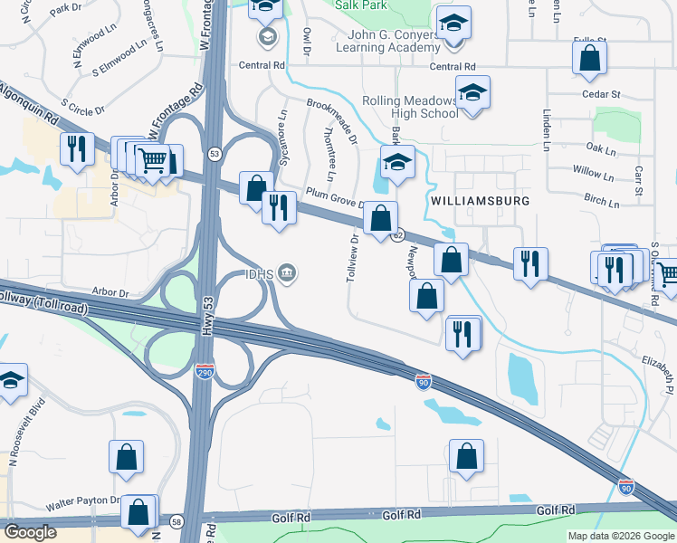 map of restaurants, bars, coffee shops, grocery stores, and more near 5105 Tollview Drive in Rolling Meadows