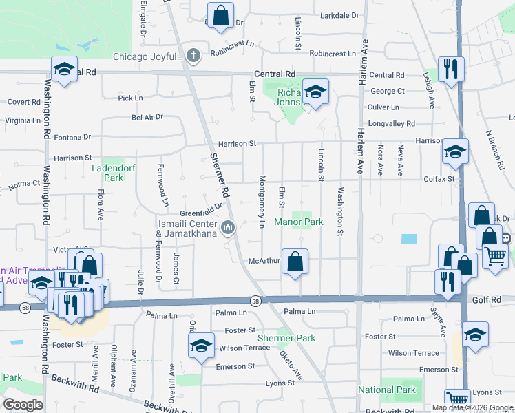map of restaurants, bars, coffee shops, grocery stores, and more near 2144 Walnut Court in Glenview