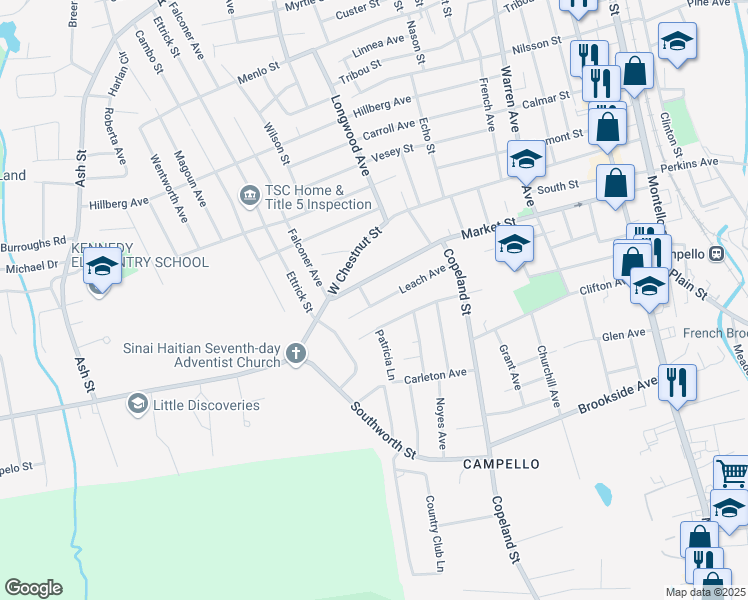 map of restaurants, bars, coffee shops, grocery stores, and more near 257 Market Street in Brockton