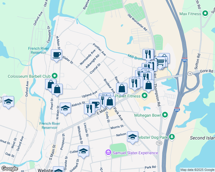 map of restaurants, bars, coffee shops, grocery stores, and more near 32 Brodeur Avenue in Webster