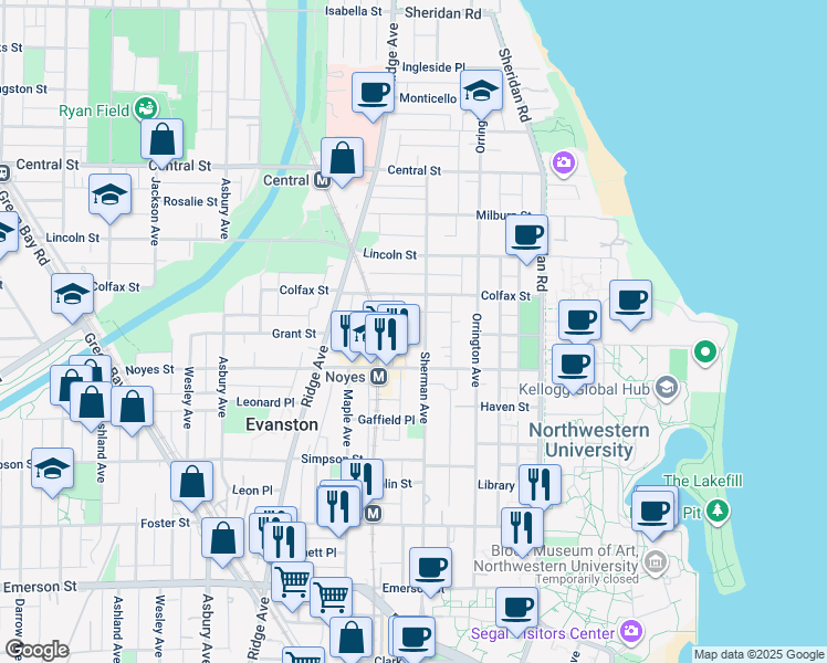 map of restaurants, bars, coffee shops, grocery stores, and more near 2314 Sherman Avenue in Evanston