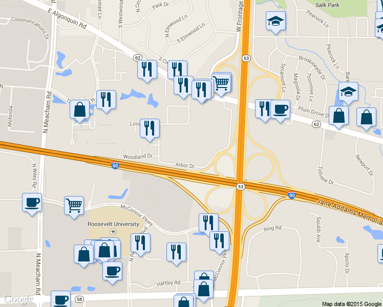 map of restaurants, bars, coffee shops, grocery stores, and more near 3100 Central Road in Rolling Meadows