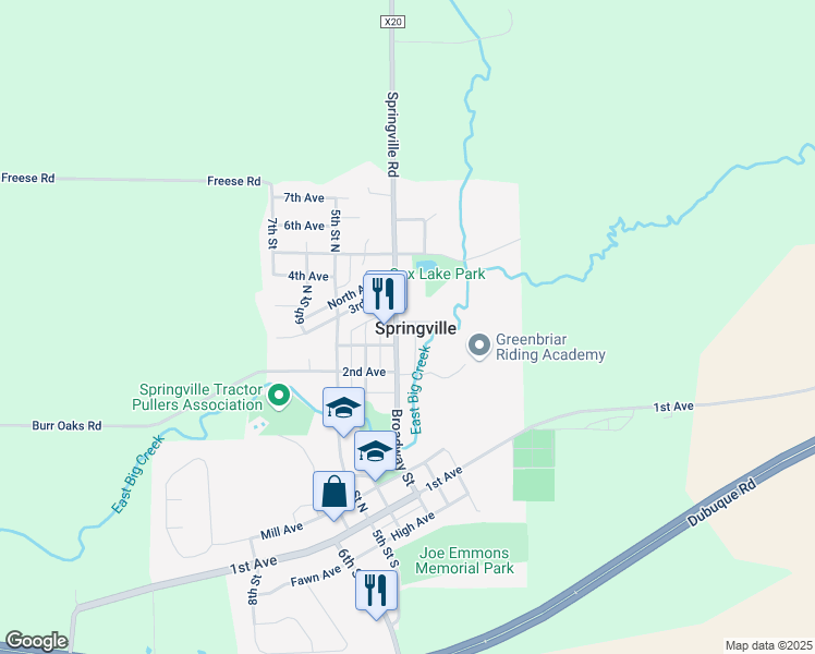map of restaurants, bars, coffee shops, grocery stores, and more near 263 Broadway Street in Springville