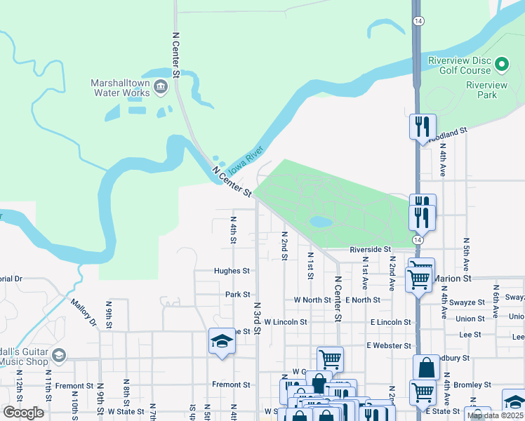 map of restaurants, bars, coffee shops, grocery stores, and more near 800-898 N Center St in Marshalltown
