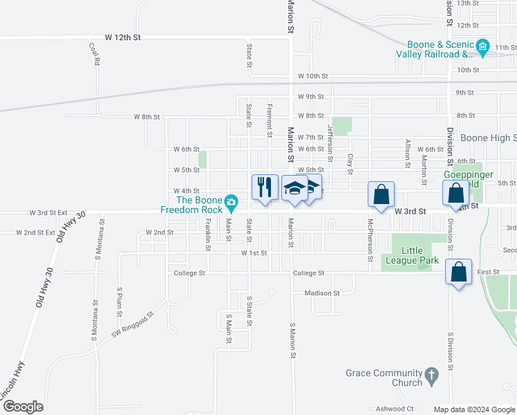 map of restaurants, bars, coffee shops, grocery stores, and more near 913 West 3rd Street in Boone