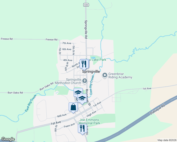 map of restaurants, bars, coffee shops, grocery stores, and more near in Springville