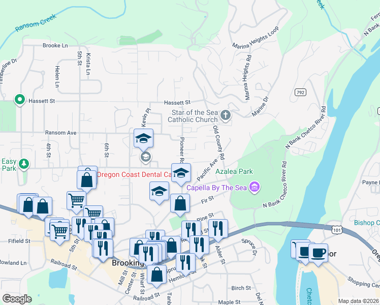 map of restaurants, bars, coffee shops, grocery stores, and more near 734 Pioneer Road in Brookings