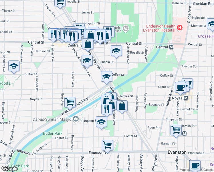 map of restaurants, bars, coffee shops, grocery stores, and more near 2300 Green Bay Road in Evanston