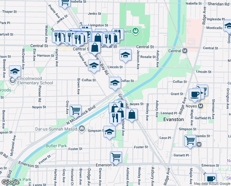map of restaurants, bars, coffee shops, grocery stores, and more near 2300 Green Bay Road in Evanston