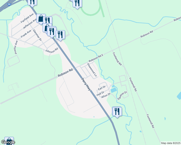 map of restaurants, bars, coffee shops, grocery stores, and more near 2-98 Pinewood Lane in Erie