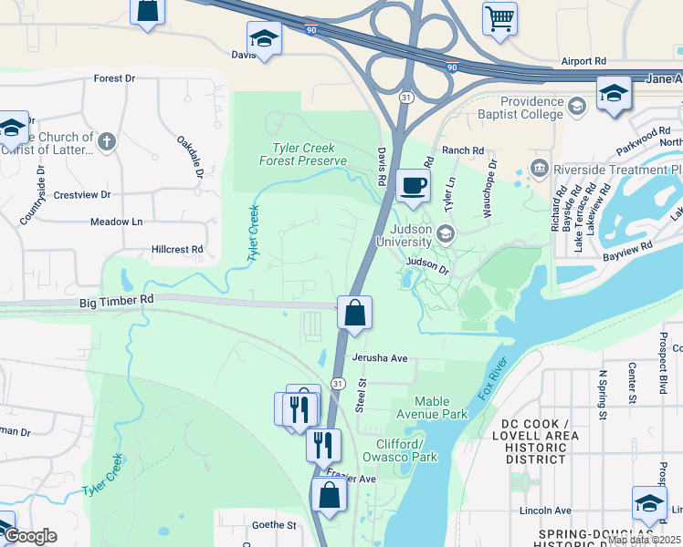 map of restaurants, bars, coffee shops, grocery stores, and more near 1070 Florimond Drive in Elgin