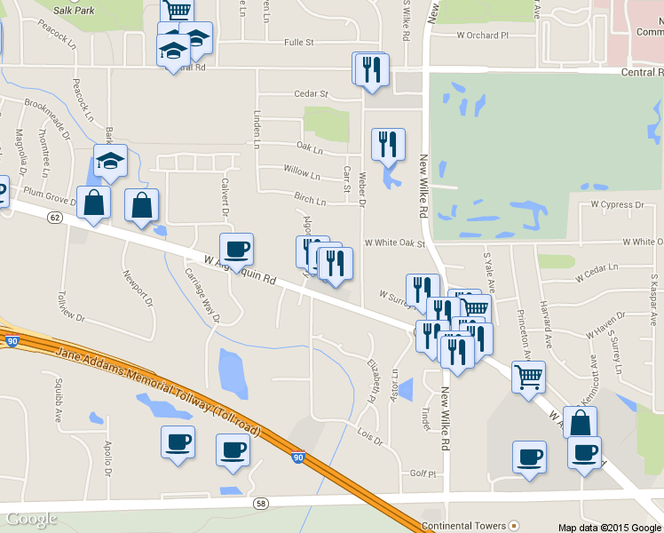 map of restaurants, bars, coffee shops, grocery stores, and more near 2299 Algonquin Parkway in Rolling Meadows
