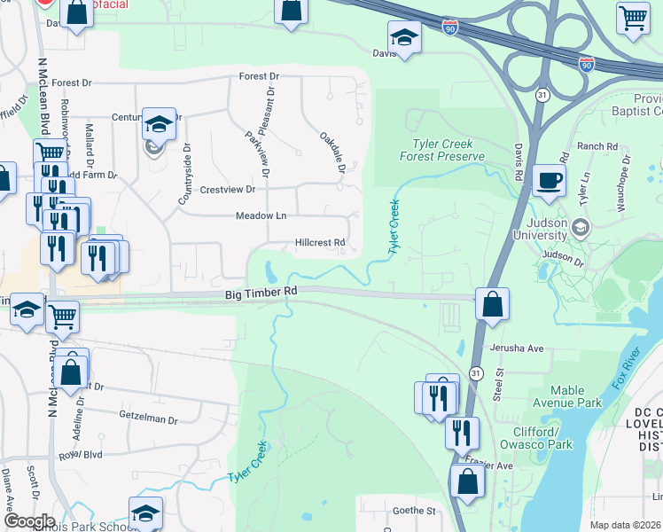 map of restaurants, bars, coffee shops, grocery stores, and more near 959 Hillcrest Road in Elgin
