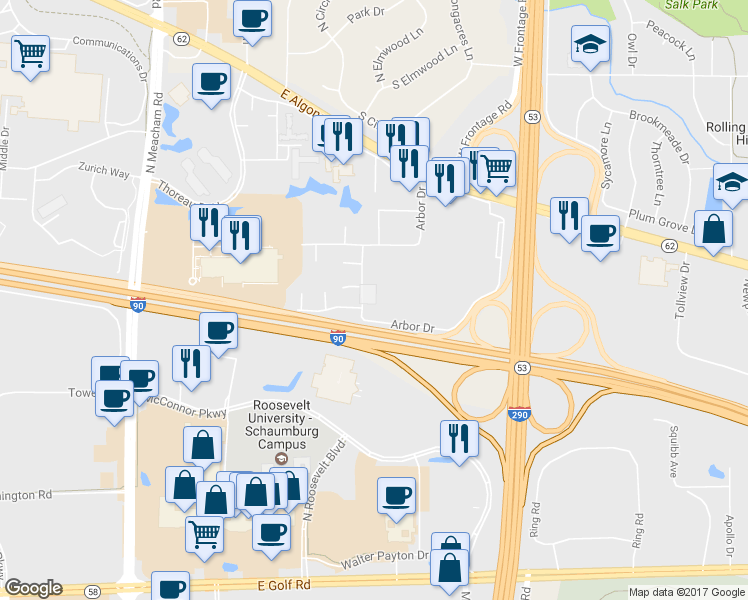 map of restaurants, bars, coffee shops, grocery stores, and more near 4714 Arbor Drive in Rolling Meadows