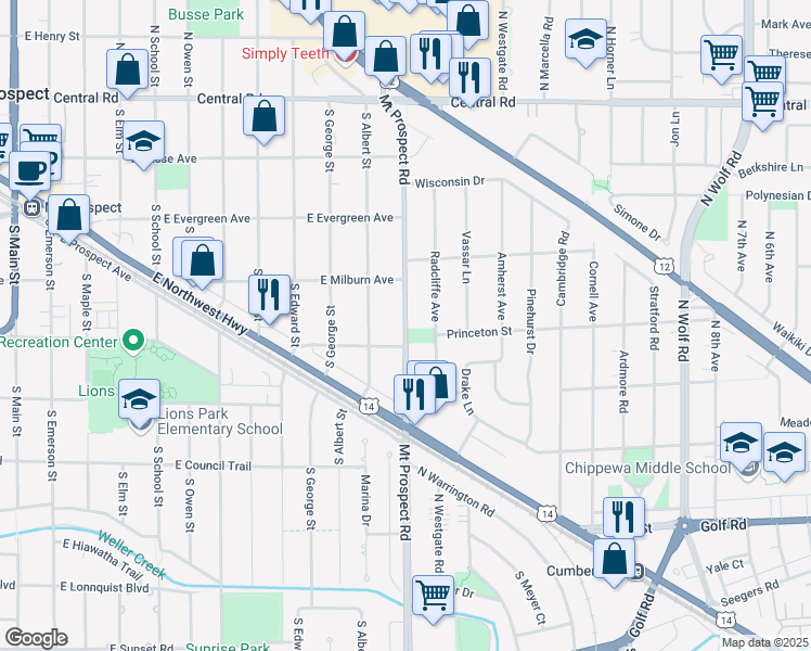 map of restaurants, bars, coffee shops, grocery stores, and more near 415 North Mount Prospect Road in Mount Prospect