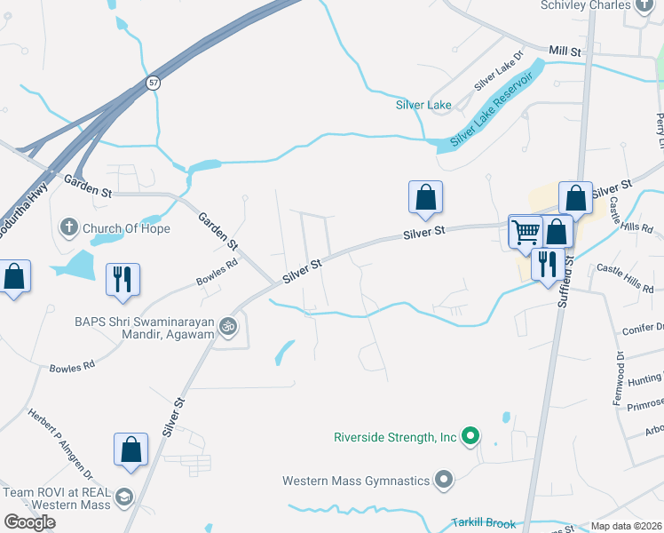 map of restaurants, bars, coffee shops, grocery stores, and more near 441 Silver Street in Agawam