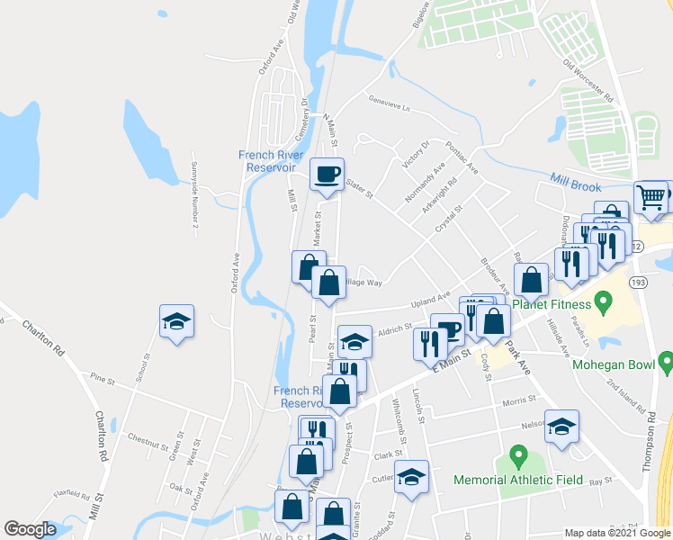 map of restaurants, bars, coffee shops, grocery stores, and more near 126 North Main Street in Webster