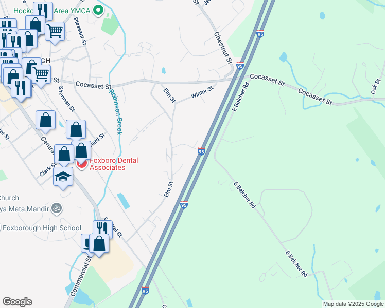 map of restaurants, bars, coffee shops, grocery stores, and more near 10 West Belcher Road in Foxborough