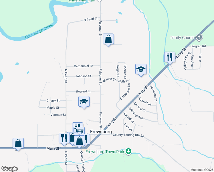 map of restaurants, bars, coffee shops, grocery stores, and more near 16 Marvin Street in Frewsburg