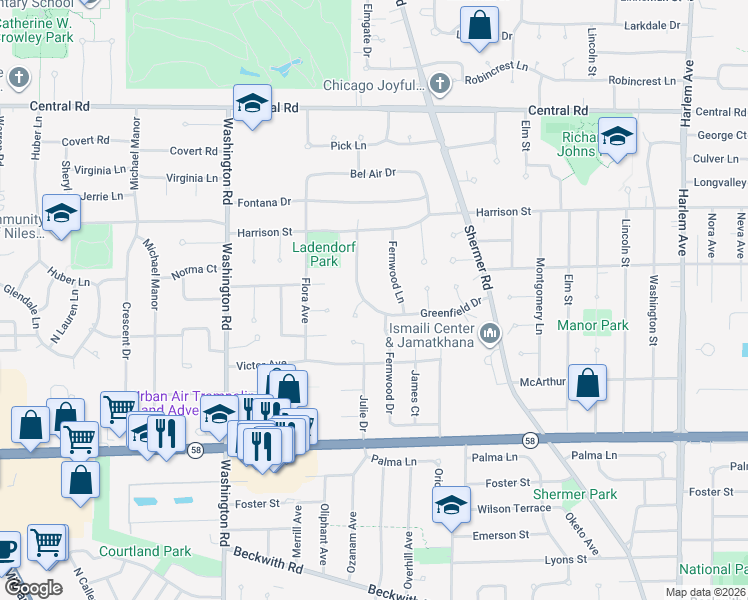 map of restaurants, bars, coffee shops, grocery stores, and more near 230 Fernwood Lane in Glenview