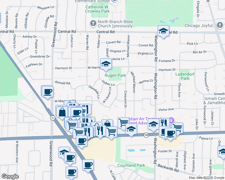 map of restaurants, bars, coffee shops, grocery stores, and more near 9855 North Huber Lane in Niles