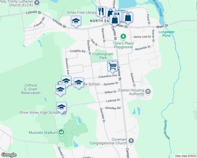 map of restaurants, bars, coffee shops, grocery stores, and more near 30 Columbus Avenue in Easton