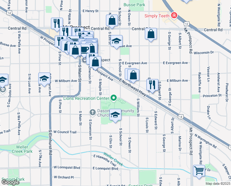 map of restaurants, bars, coffee shops, grocery stores, and more near 320 South School Street in Mount Prospect