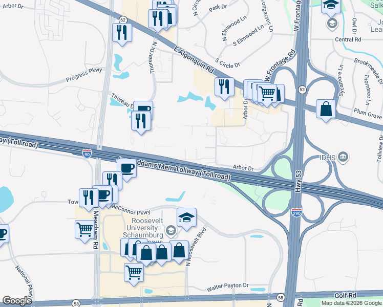 map of restaurants, bars, coffee shops, grocery stores, and more near Arbor Square in Schaumburg